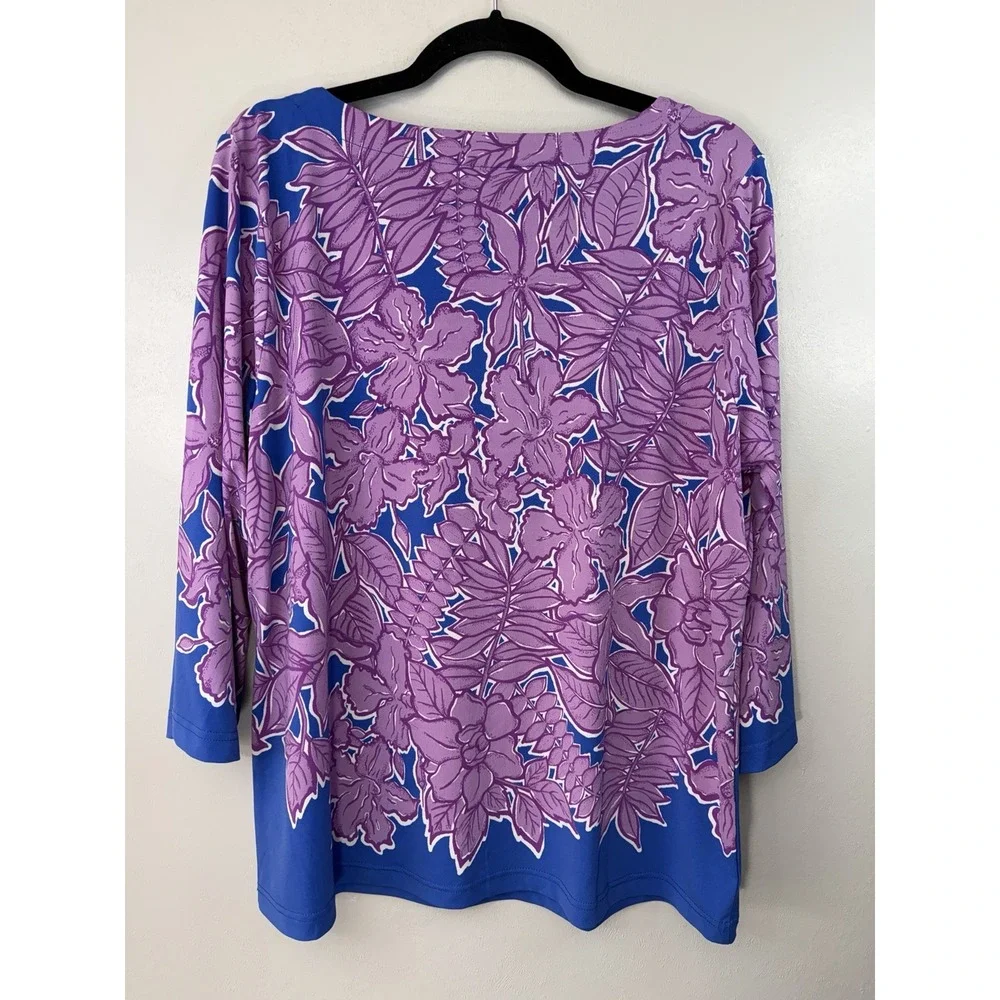 Bob Mackie‎ Wearable Art Blue Tunic W Lavender Flowers Scoopneck Size L